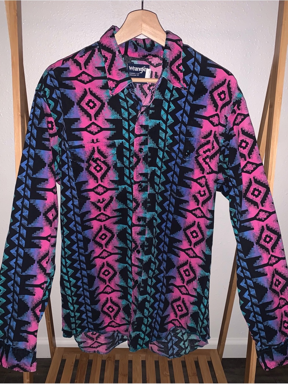 Vintage Wrangler Brushtopper Cowboy Cut Regular Fit Neon Aztec Western Large
